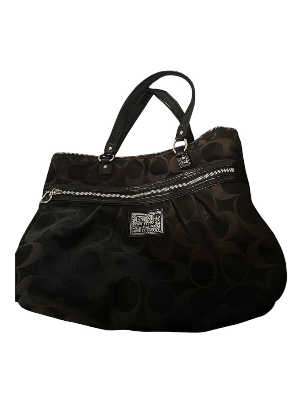 Coach Black Signature Logo Tote with Front Zip